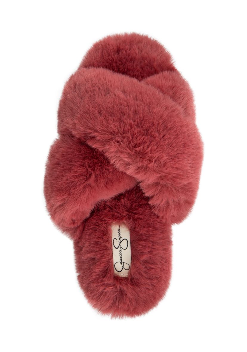 Womens High Plush Cross Slide Slippers