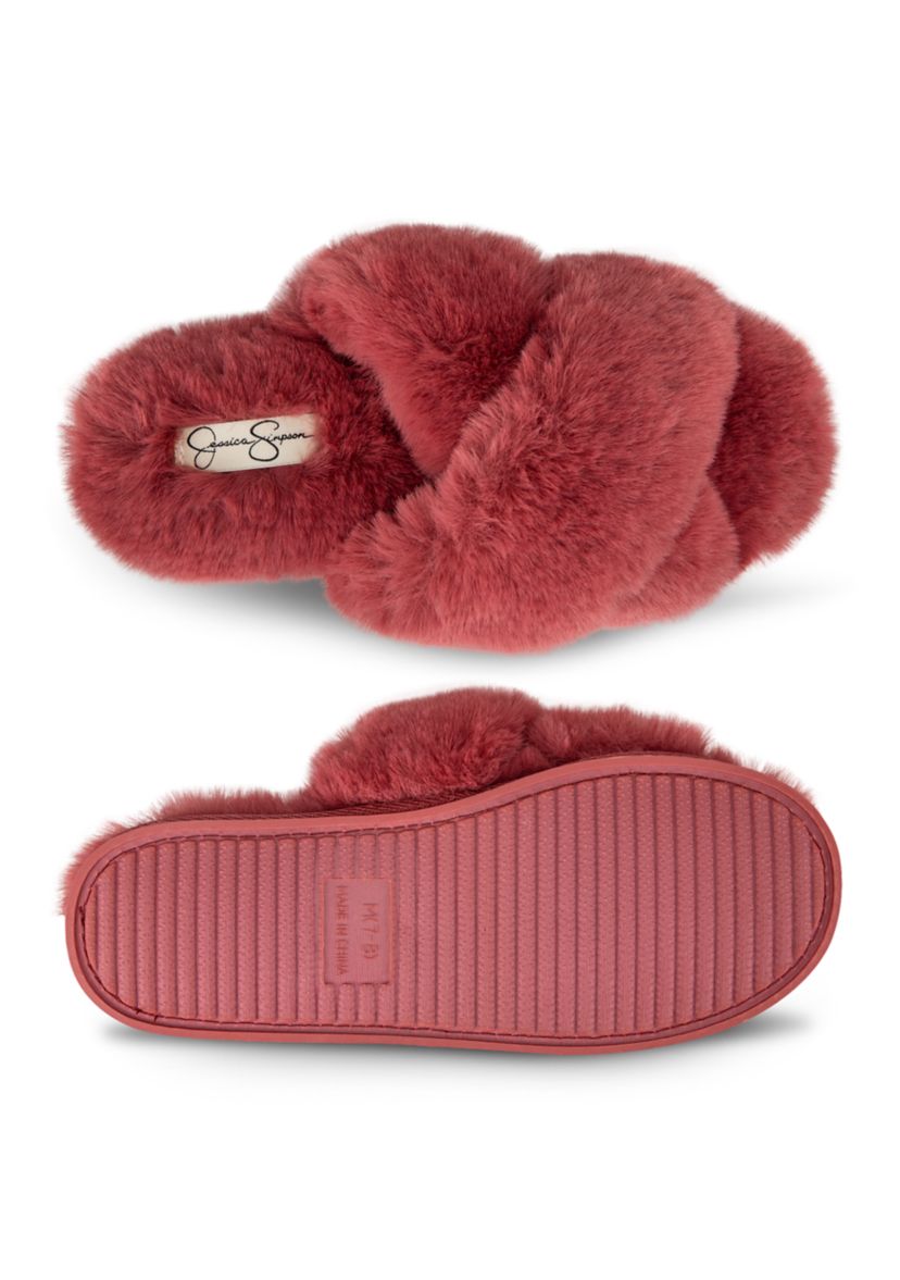 Womens High Plush Cross Slide Slippers