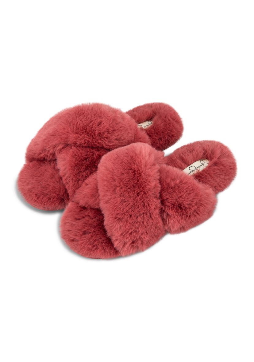 Womens High Plush Cross Slide Slippers