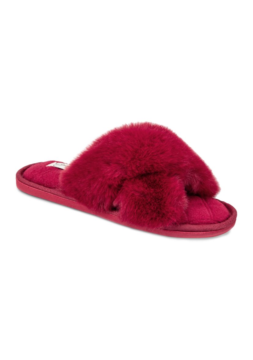 Womens Plush Cross Slide Slippers