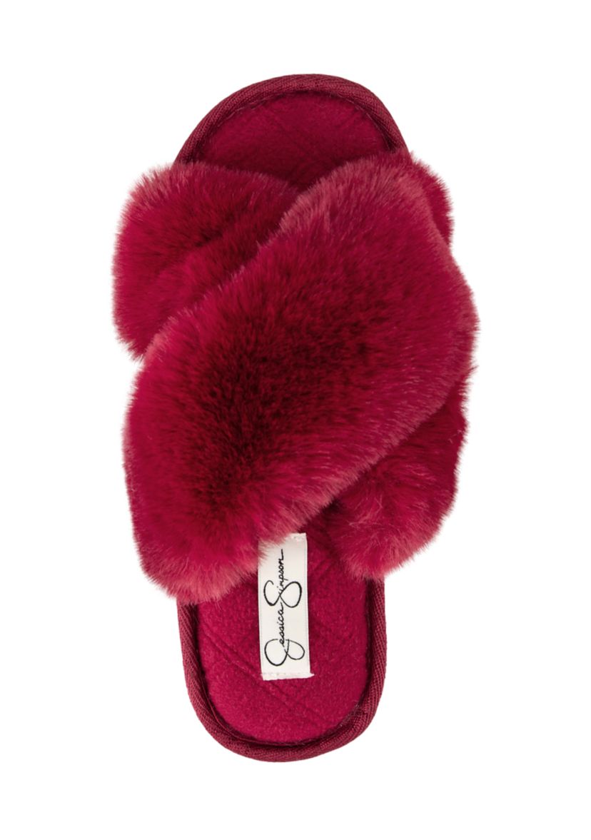 Womens Plush Cross Slide Slippers