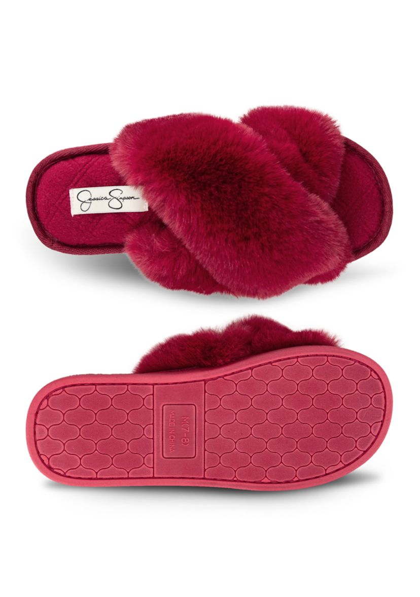 Womens Plush Cross Slide Slippers