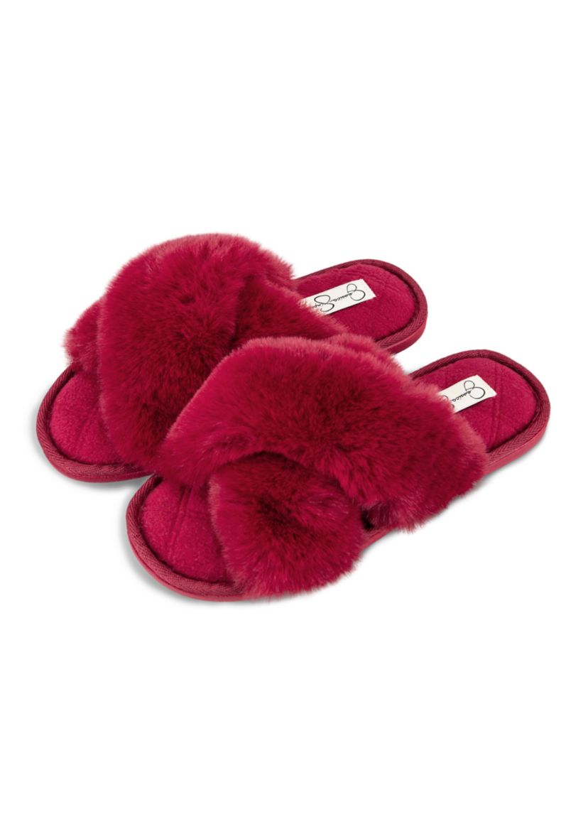 Womens Plush Cross Slide Slippers
