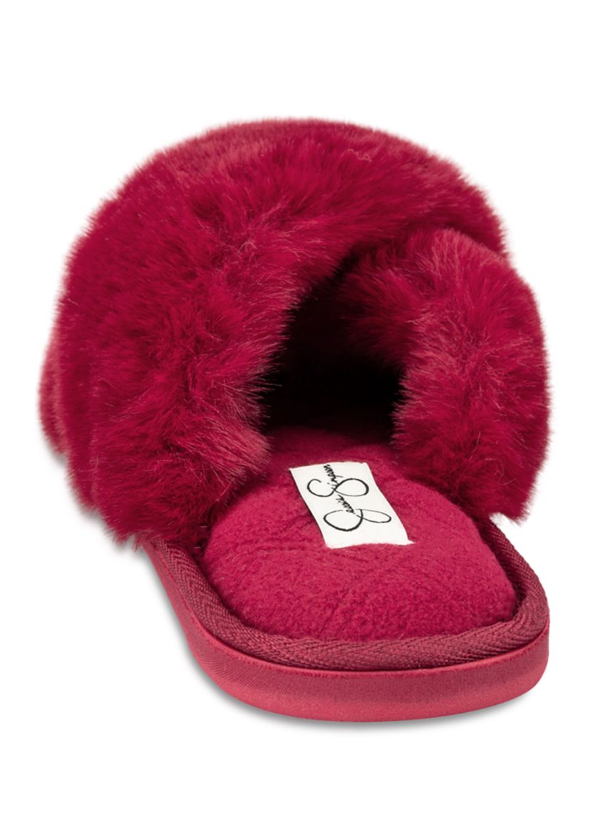 Womens Plush Cross Slide Slippers