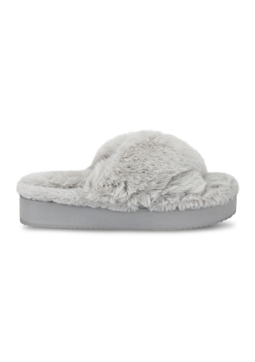 Plush Cross Band Platform Slide Slippers