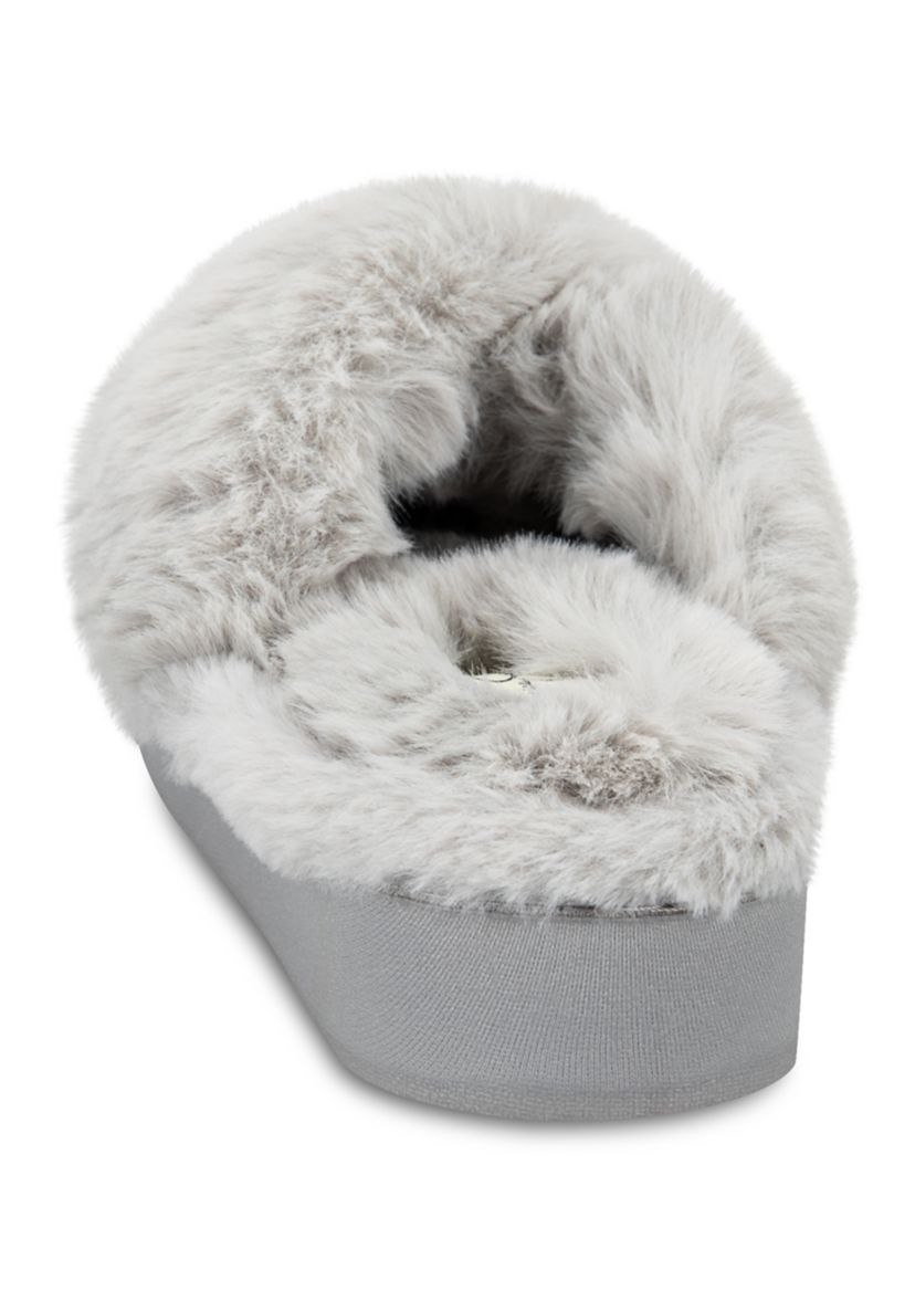 Plush Cross Band Platform Slide Slippers