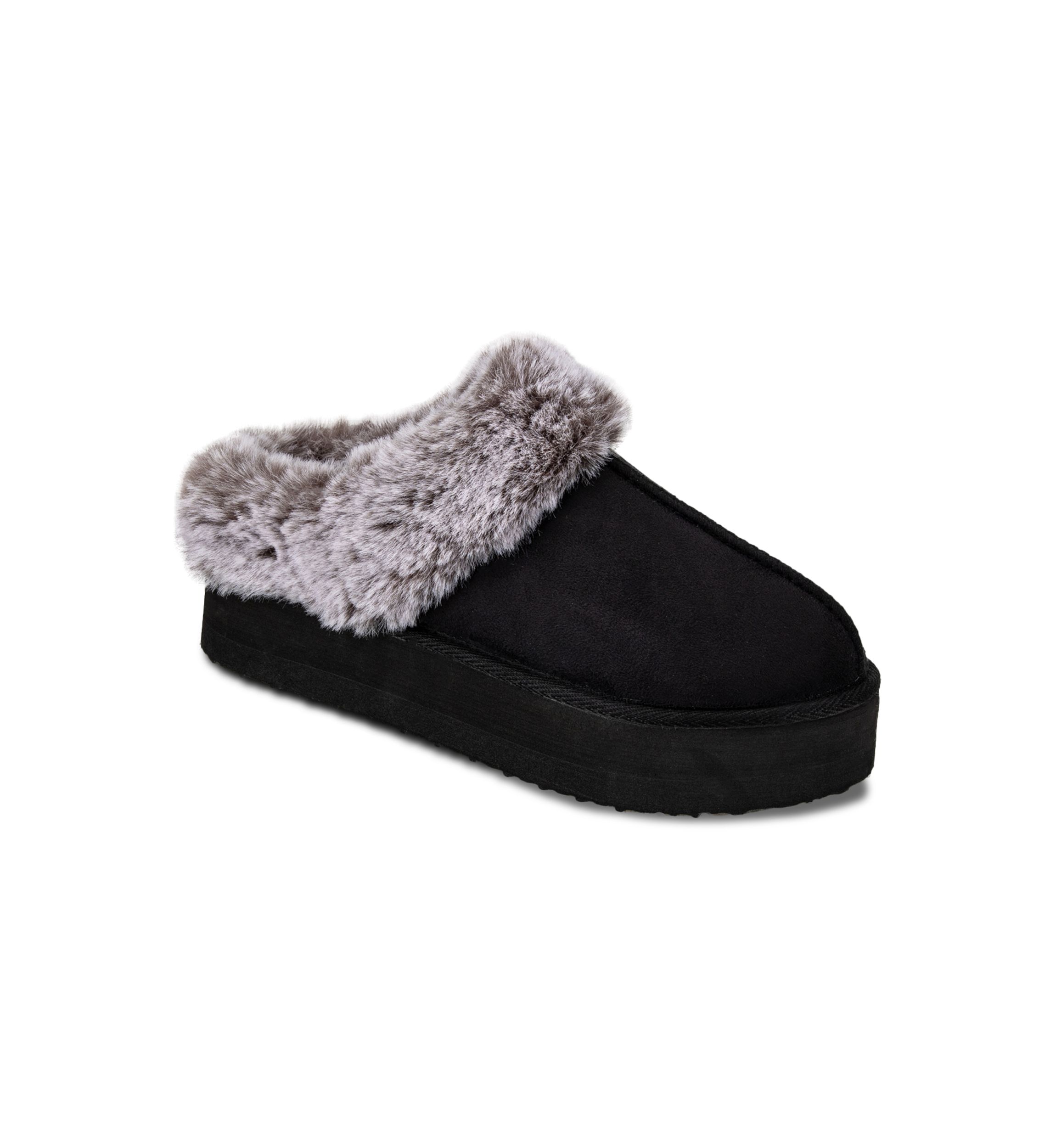 Womens Microsuede Tipped Faux-Fur Clog Slippers