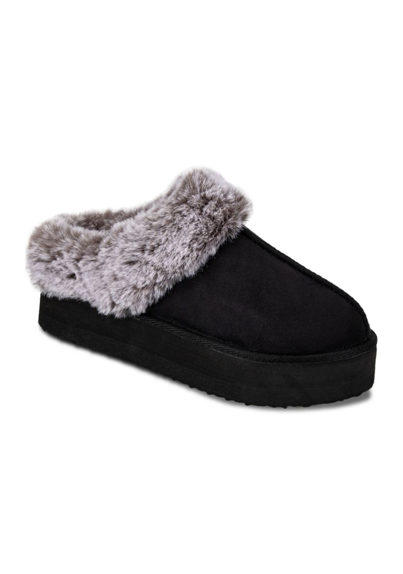 Womens Microsuede Tipped Faux-Fur Clog Slippers