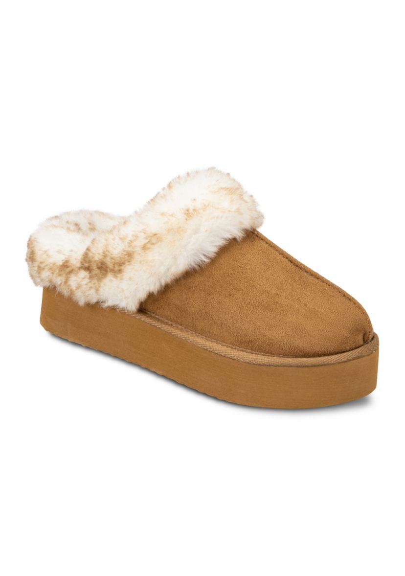 Womens Microsuede Tipped Faux-Fur Clog Slippers