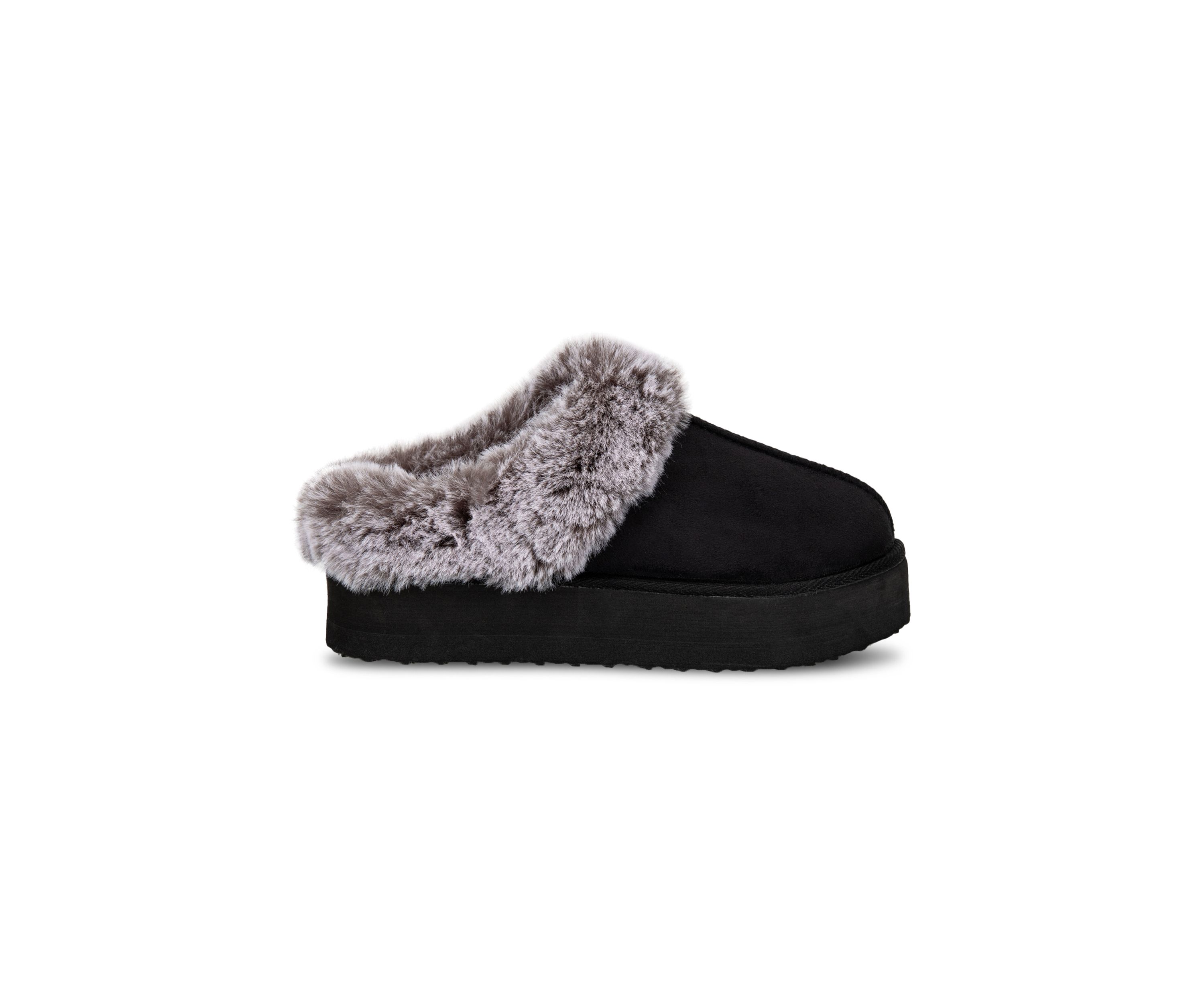 Womens Microsuede Tipped Faux-Fur Clog Slippers