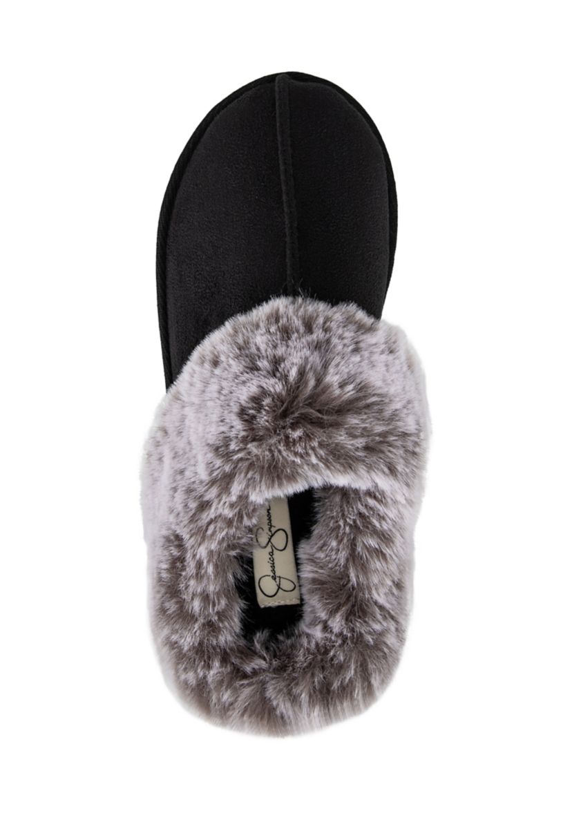Womens Microsuede Tipped Faux-Fur Clog Slippers