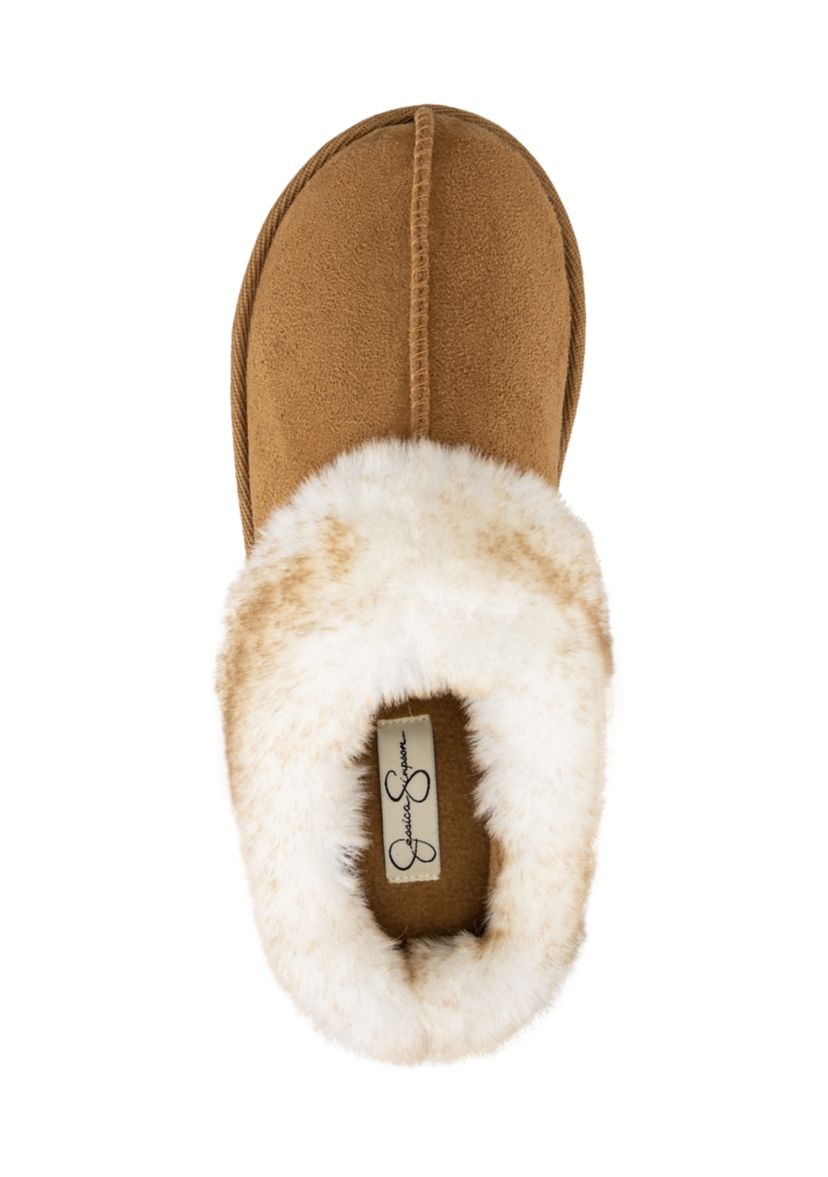 Womens Microsuede Tipped Faux-Fur Clog Slippers