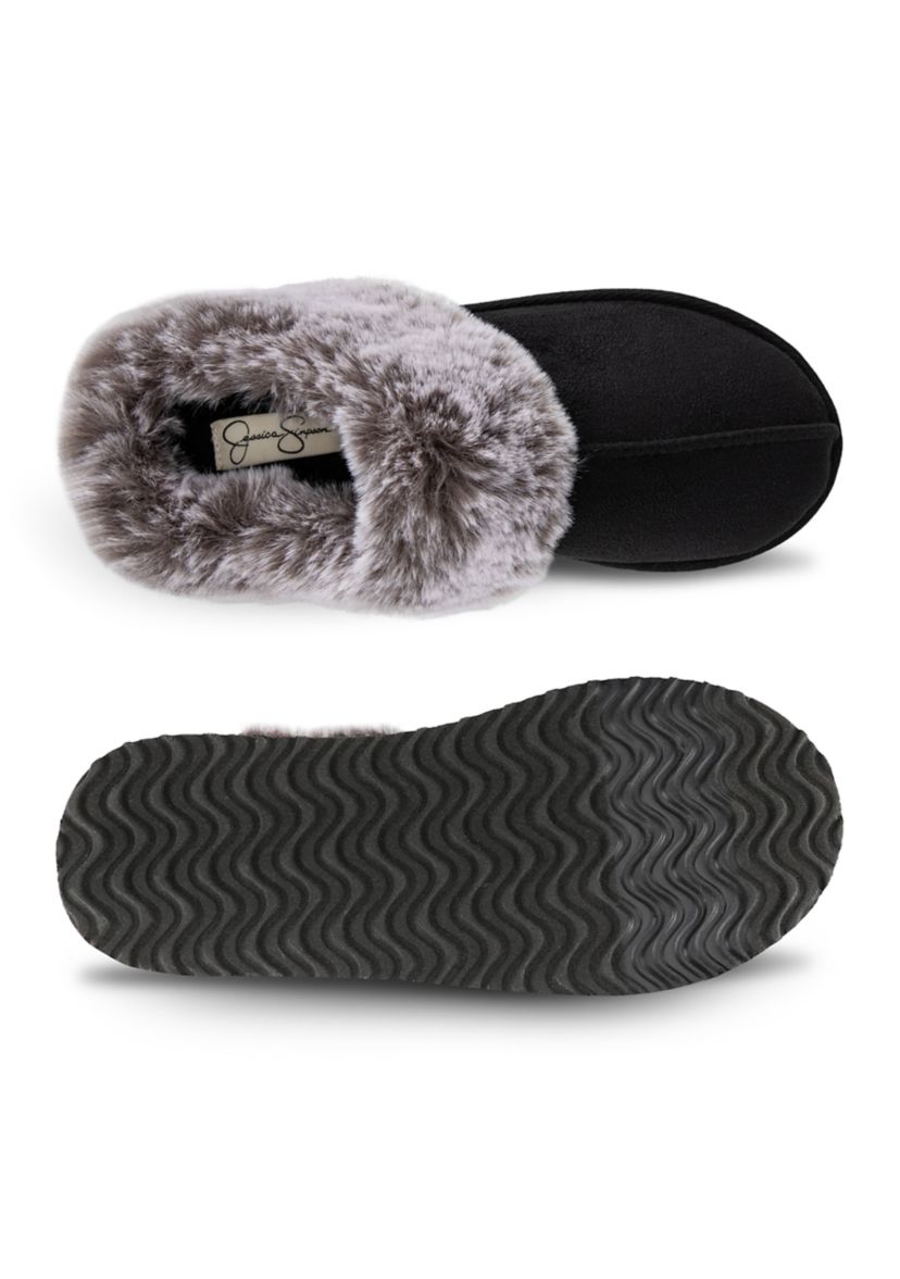 Womens Microsuede Tipped Faux-Fur Clog Slippers