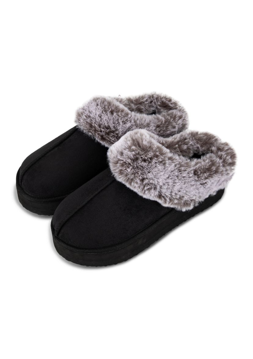 Womens Microsuede Tipped Faux-Fur Clog Slippers