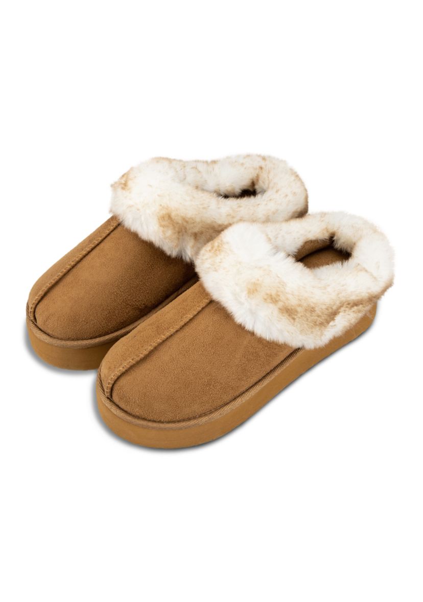 Womens Microsuede Tipped Faux-Fur Clog Slippers