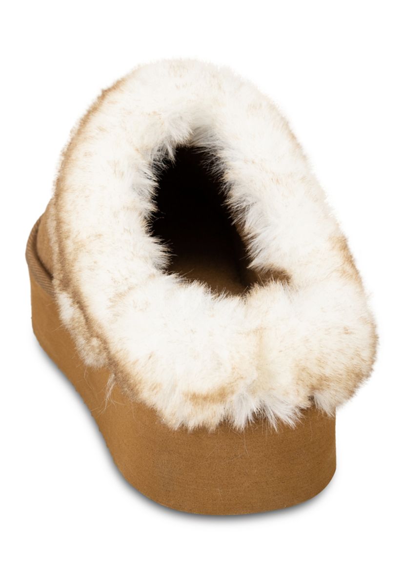 Womens Microsuede Tipped Faux-Fur Clog Slippers