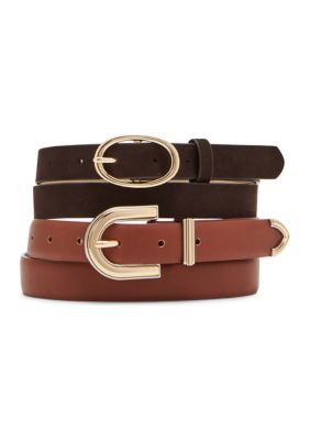 Anne Klein Women's Leather and Faux Suede Belts - Set of 2