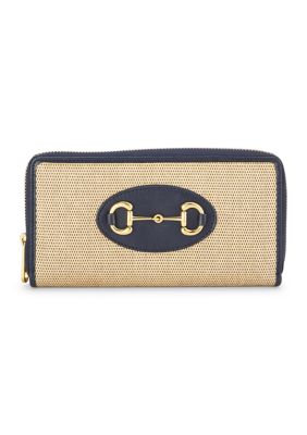 What Goes Around Comes Around Women's Gucci Canvas Azalea Calfskin Horsebit 1955 Zip Around Wallet Beige Blue - FINAL SALE, NO RETURNS, Navy Blue