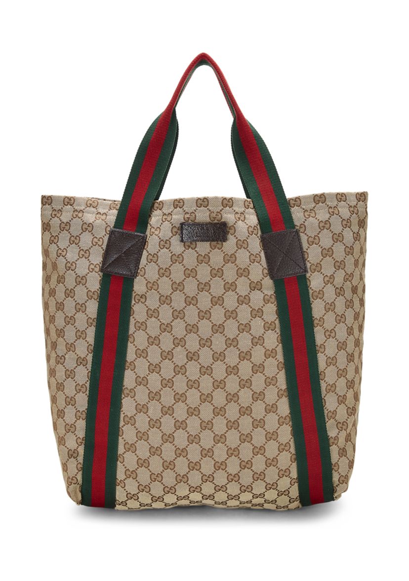 Gucci Brown Canvas Flat Web Tote Bag - FINAL SALE, NO RETURNS