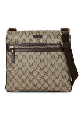 What Goes Around Comes Around Gucci GG Supreme Monogram Selleria Calfskin Small Flat Side Zip Messenger Bag Beige Ebony Cocoa Dark Chocolate - FINAL