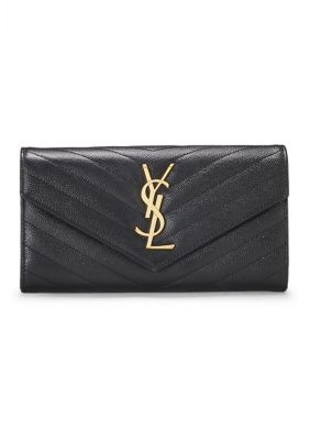 What Goes Around Comes Around Women's Yves Saint Laurent Grain De Poudre Matelasse Chevron Monogram Flap Wallet Black - FINAL SALE, NO RETURNS