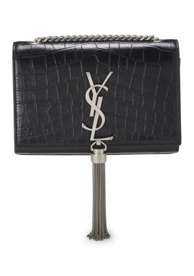 What Goes Around Comes Around Women's Saint Laurent Calfskin Crocodile Embossed Medium Classic Monogram Kate Tassel Satchel Black - FINAL SALE, NO