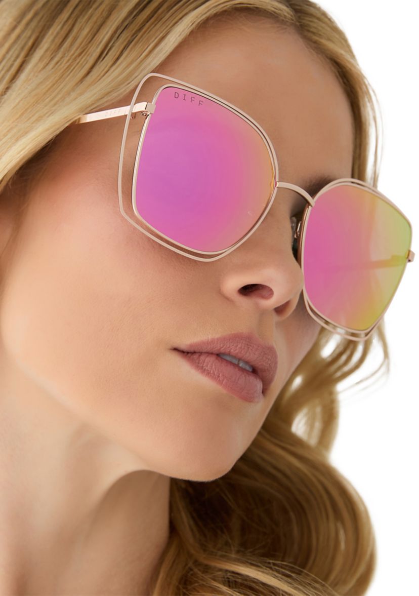 Diff Eyewear Pink Sunglasses Jacqueline Square Sunglasses | Champagne & Pink Mirror  main image 3