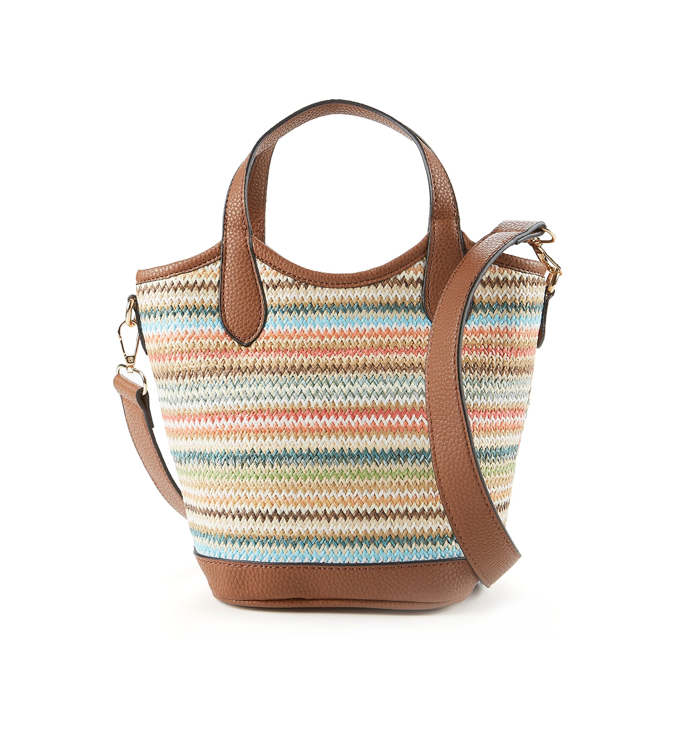 Striped Straw Bucket Crossbody