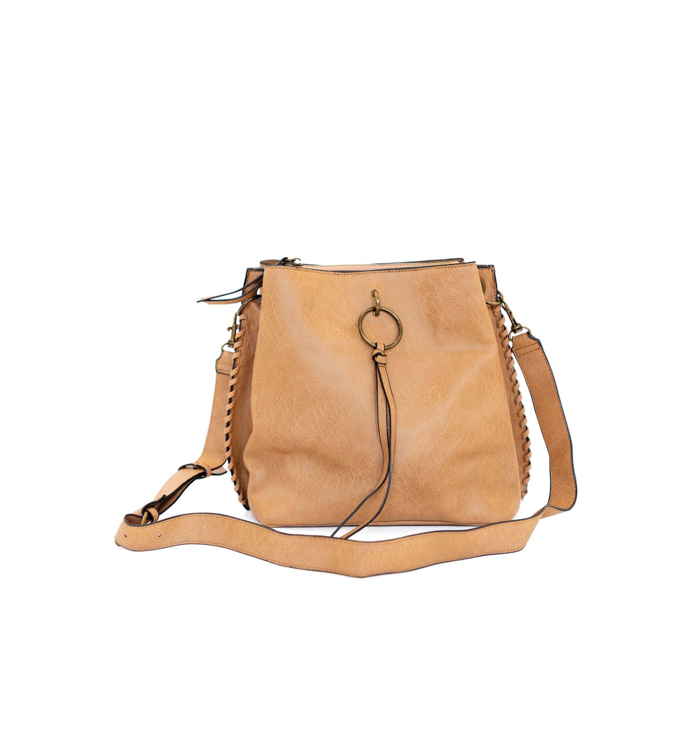 Studded Trim Triple Entry Bucket Crossbody Bag