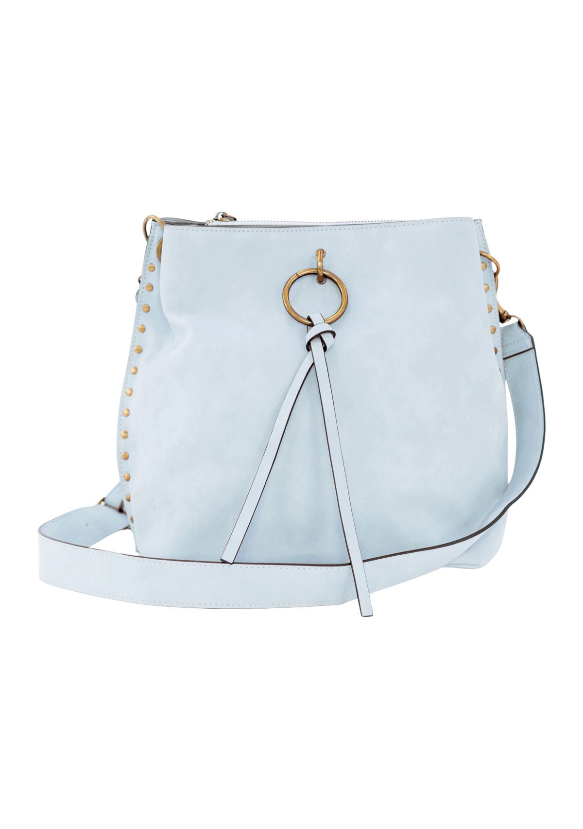 Nubuck Studded Trim Triple Entry Bucket Crossbody 