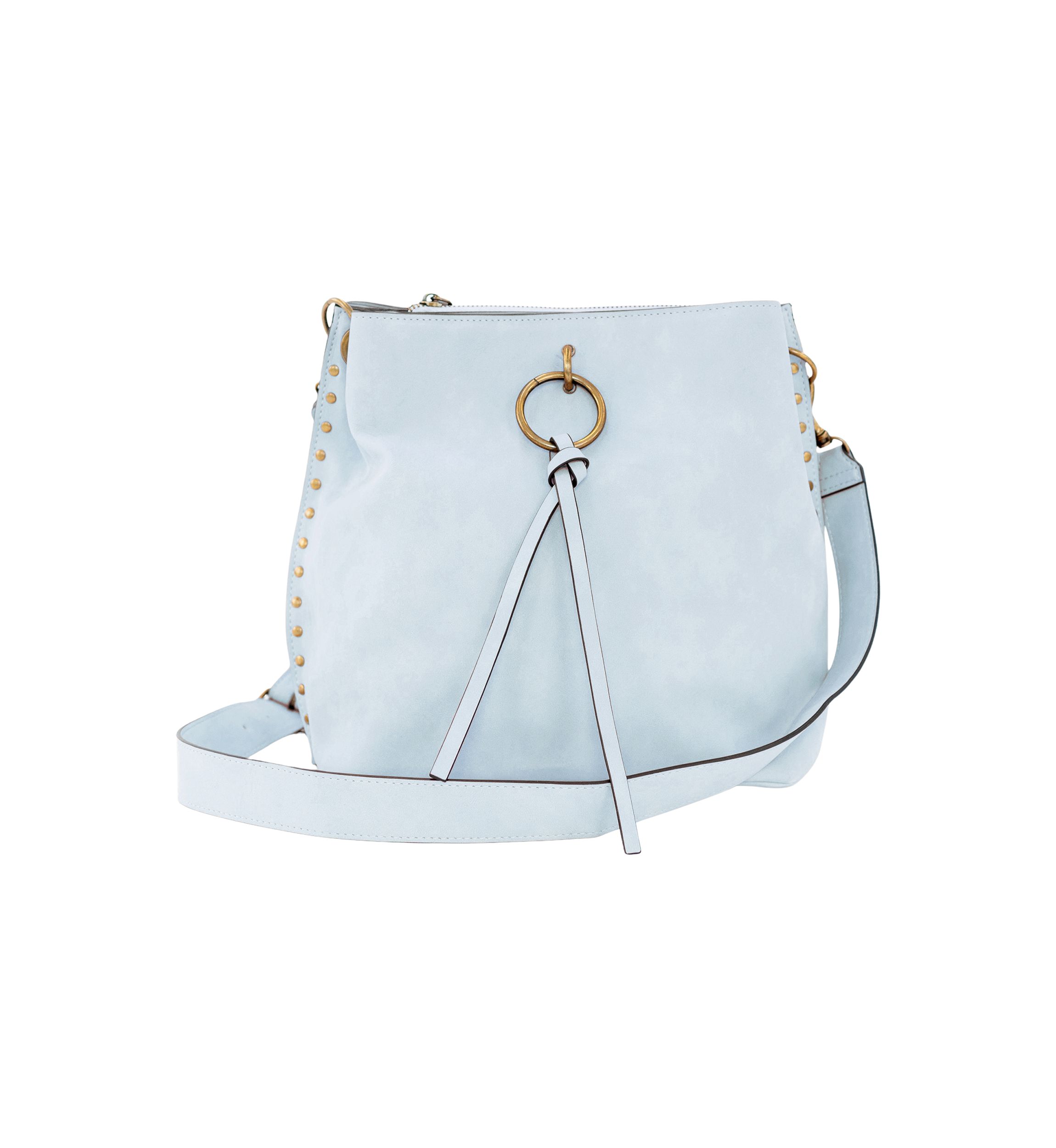 Nubuck Studded Trim Triple Entry Bucket Crossbody 