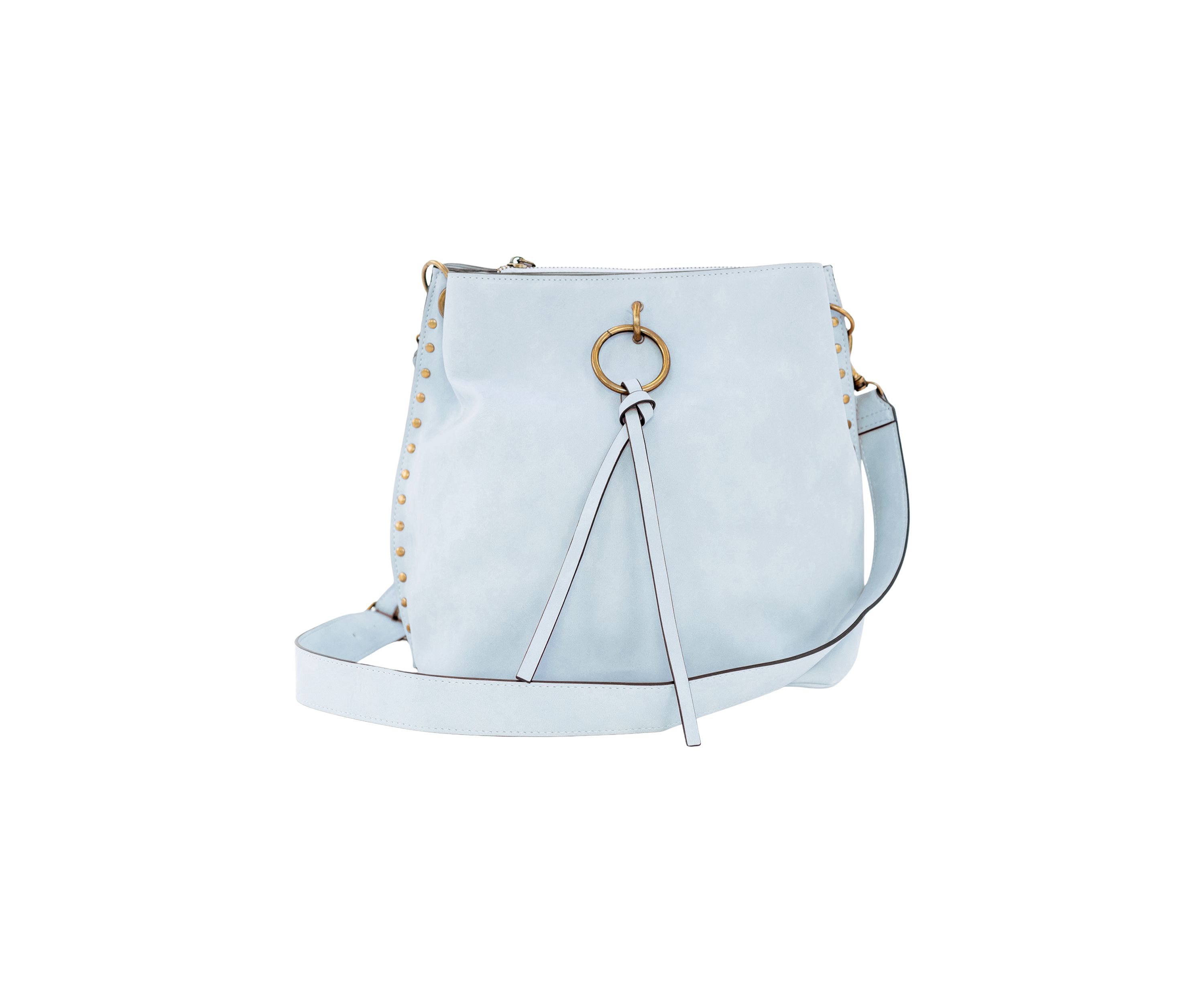 Nubuck Studded Trim Triple Entry Bucket Crossbody 
