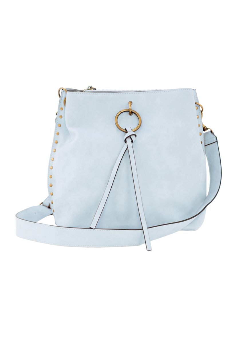 Nubuck Studded Trim Triple Entry Bucket Crossbody 