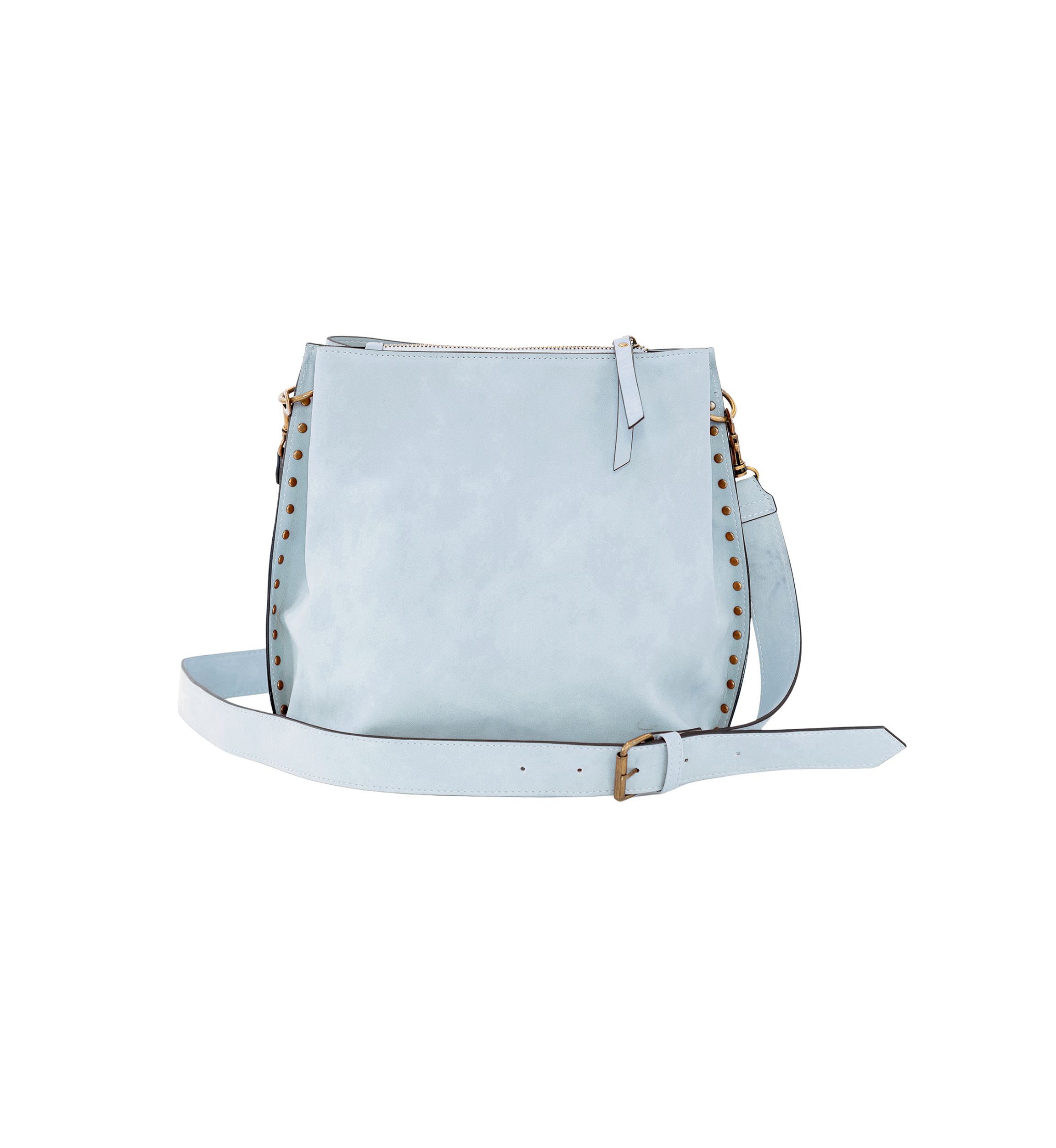 Nubuck Studded Trim Triple Entry Bucket Crossbody 