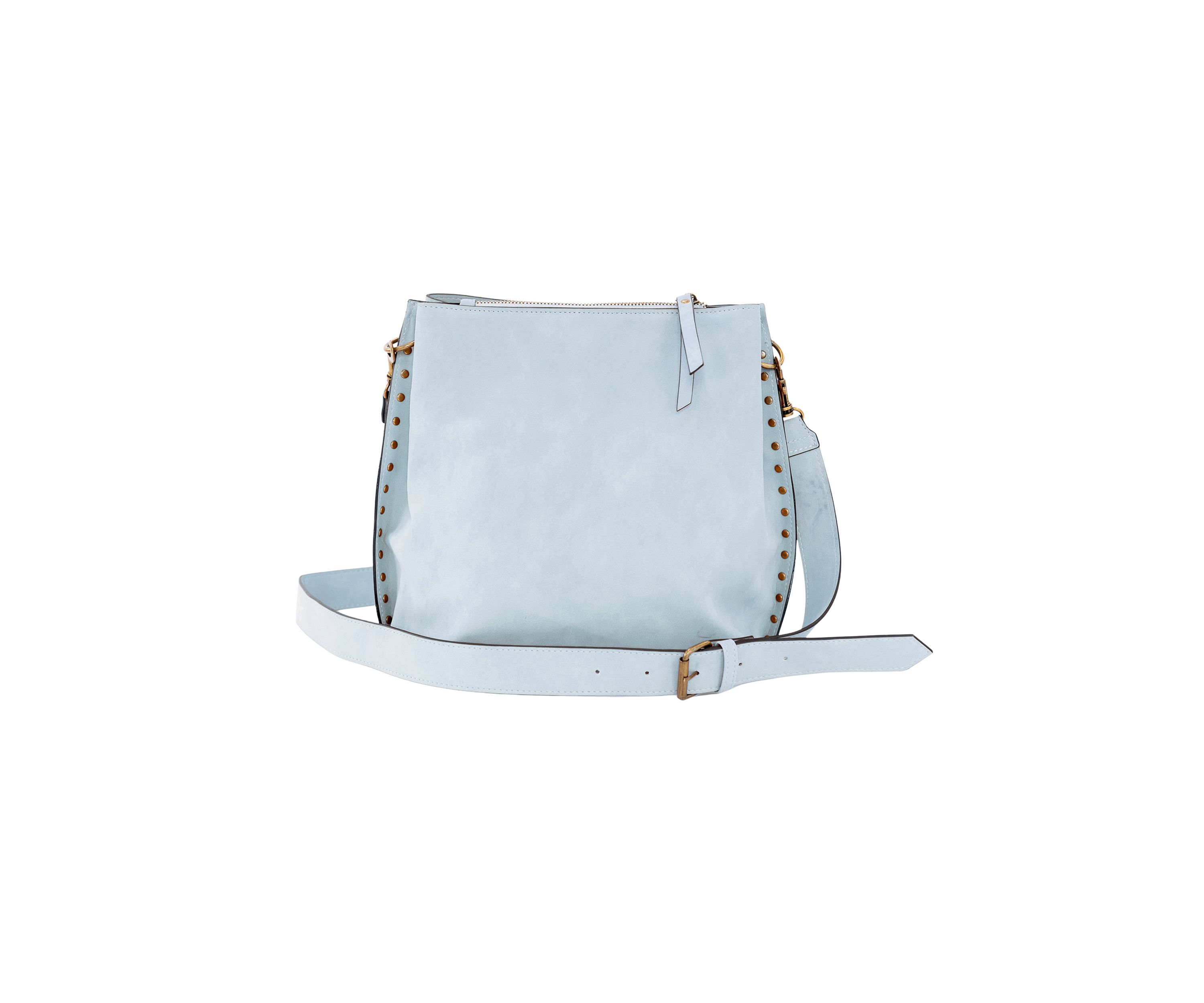 Nubuck Studded Trim Triple Entry Bucket Crossbody 