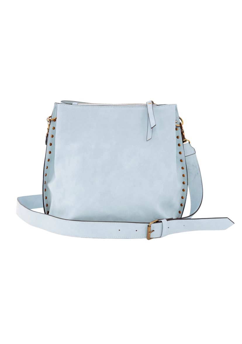 Nubuck Studded Trim Triple Entry Bucket Crossbody 