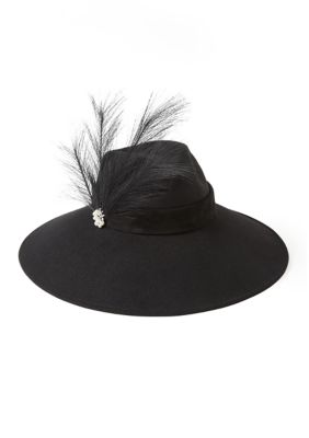 Bellisima Women's Romantic Panama Hat with Brooch Feather, Black