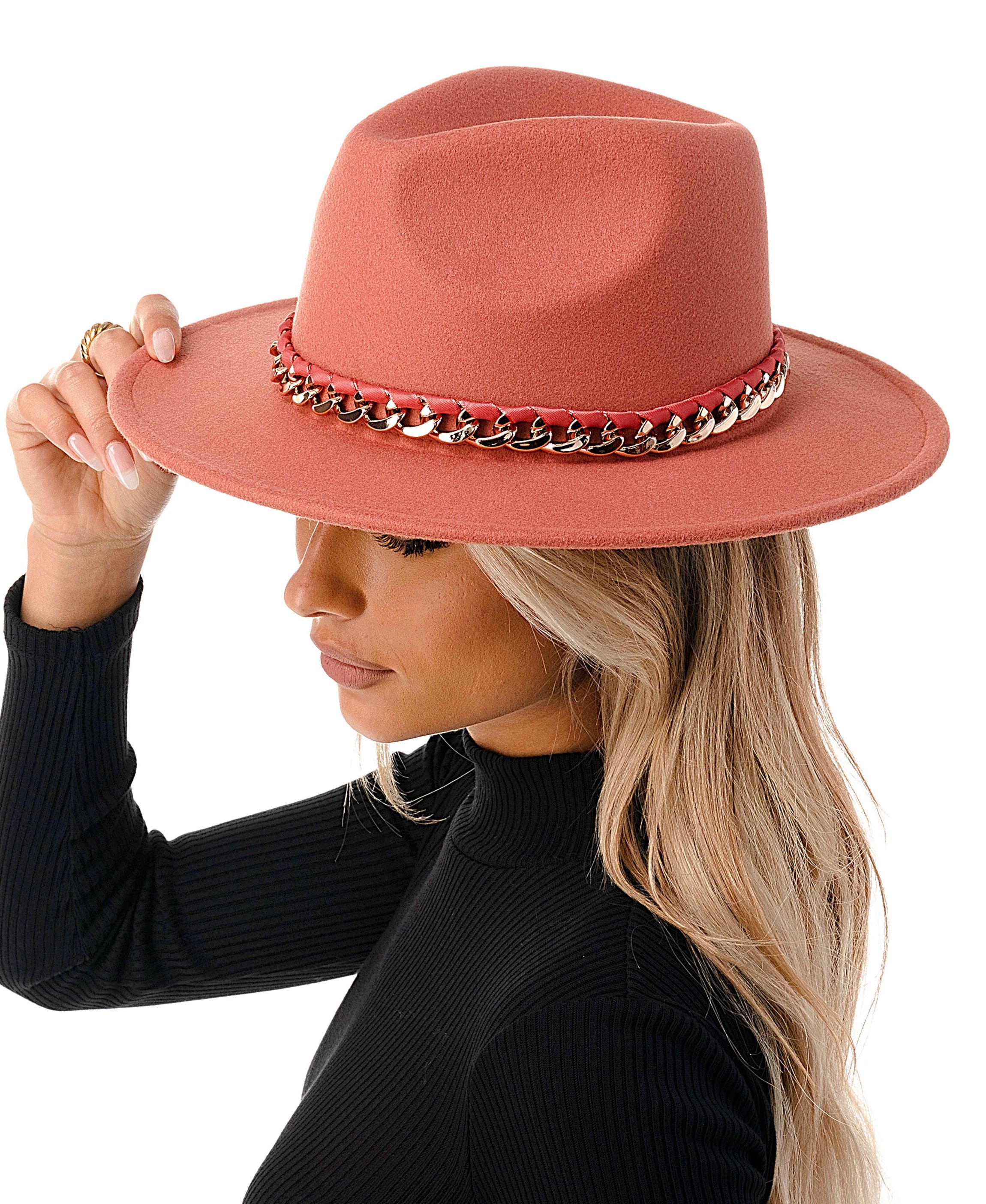 Wool Blend Felt Hat with Ribbon Chain Band