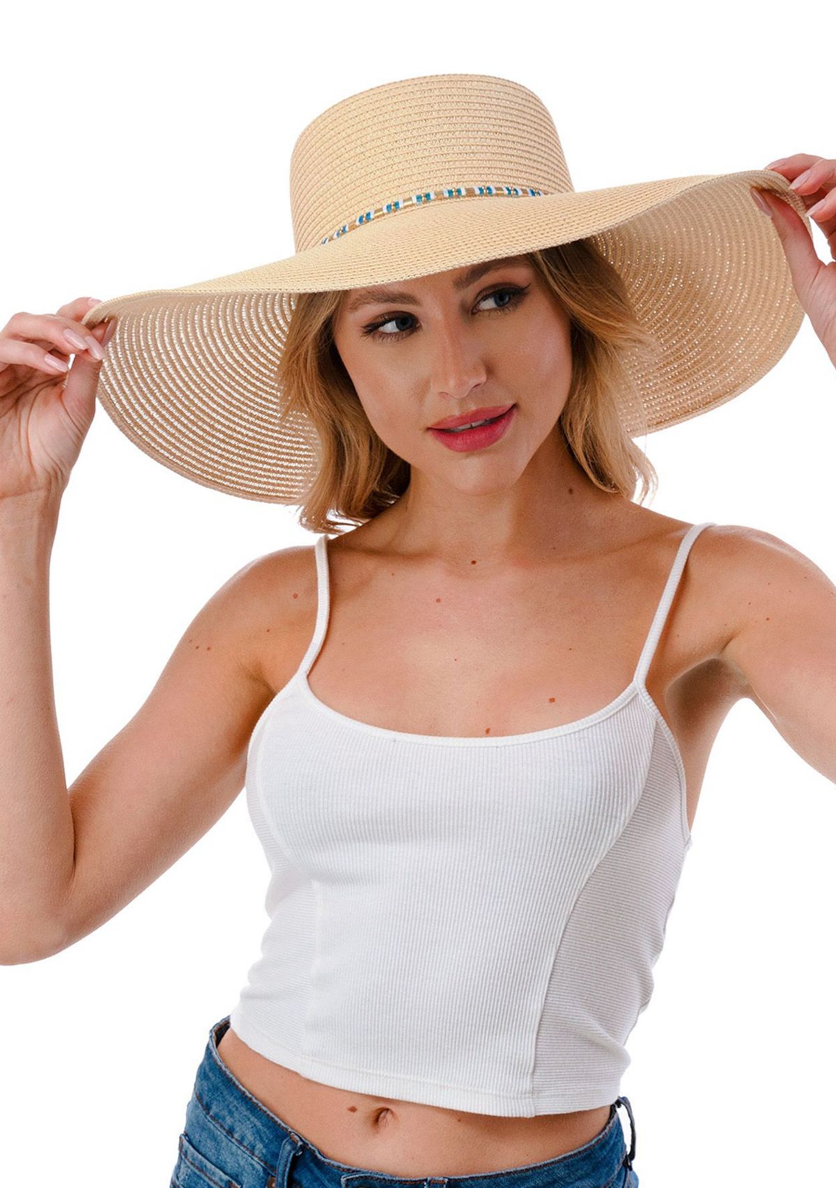 Straw Hat with Glass Beaded Trim