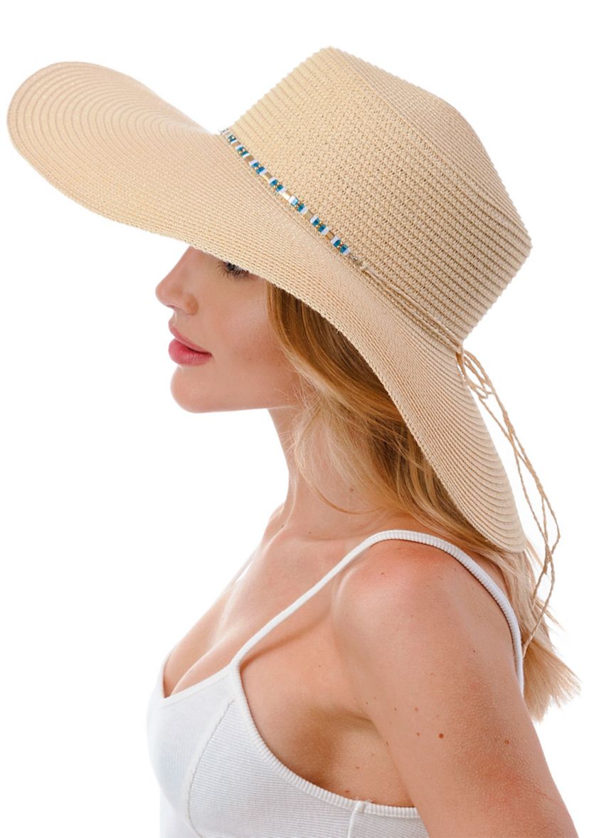 Straw Hat with Glass Beaded Trim