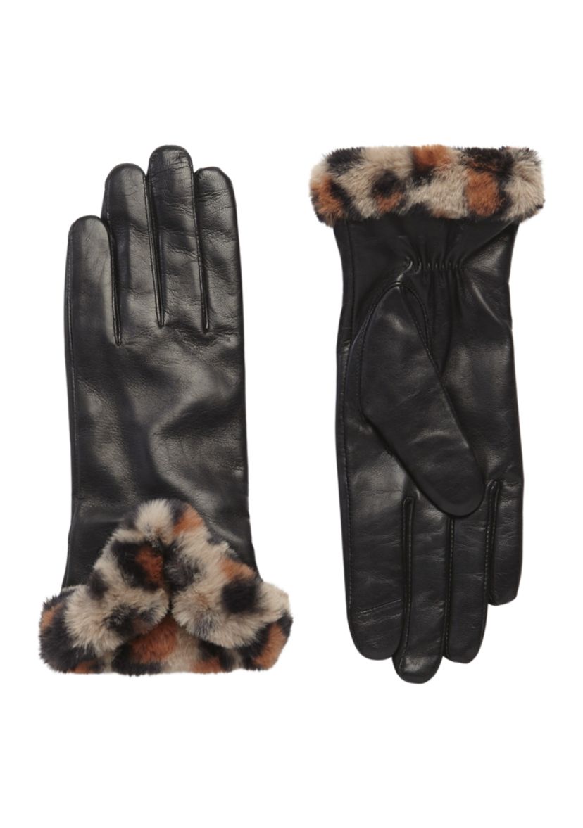 Printed Faux Fur Cuff Leather Gloves