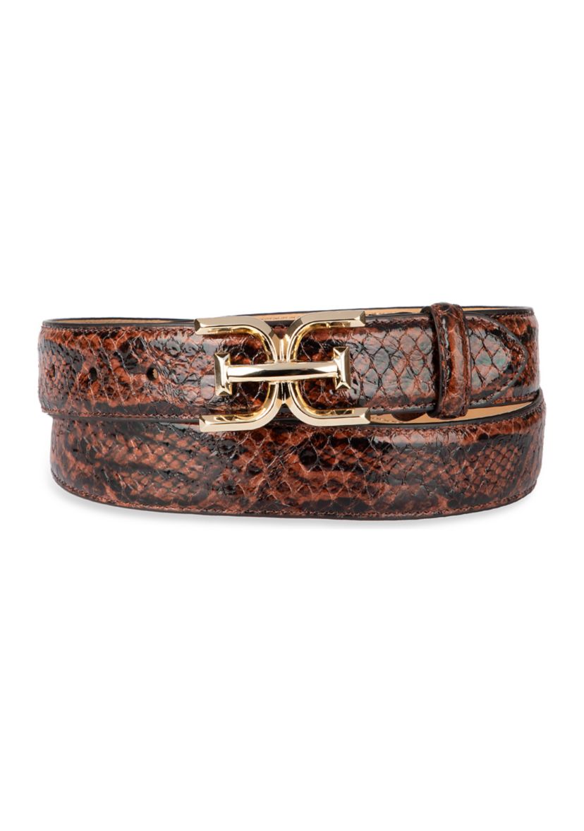 Womens Slim Textured Croc Belt with Double E Plaque Logo Buckle