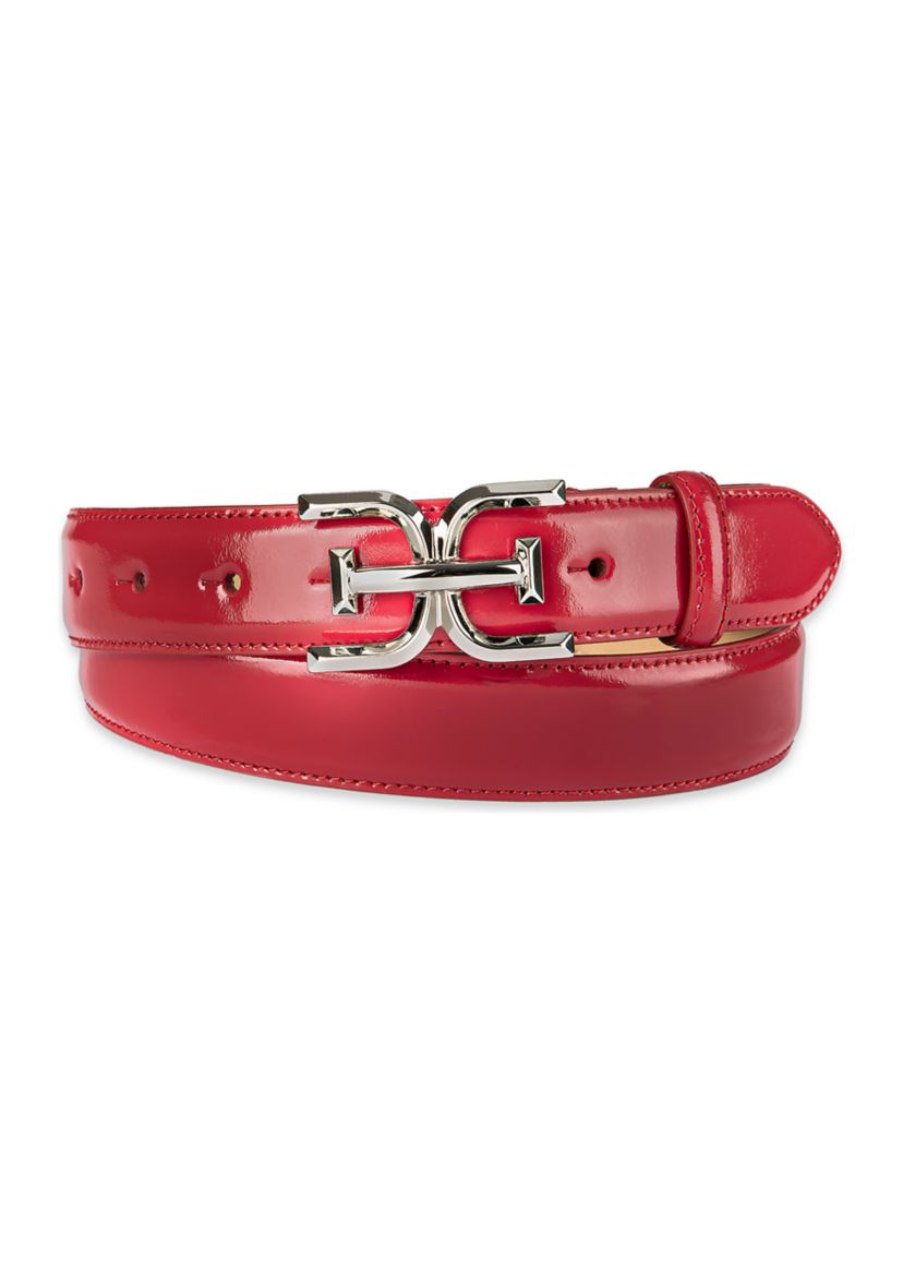 Womens Slim Textured Croc Belt with Double E Plaque Logo Buckle
