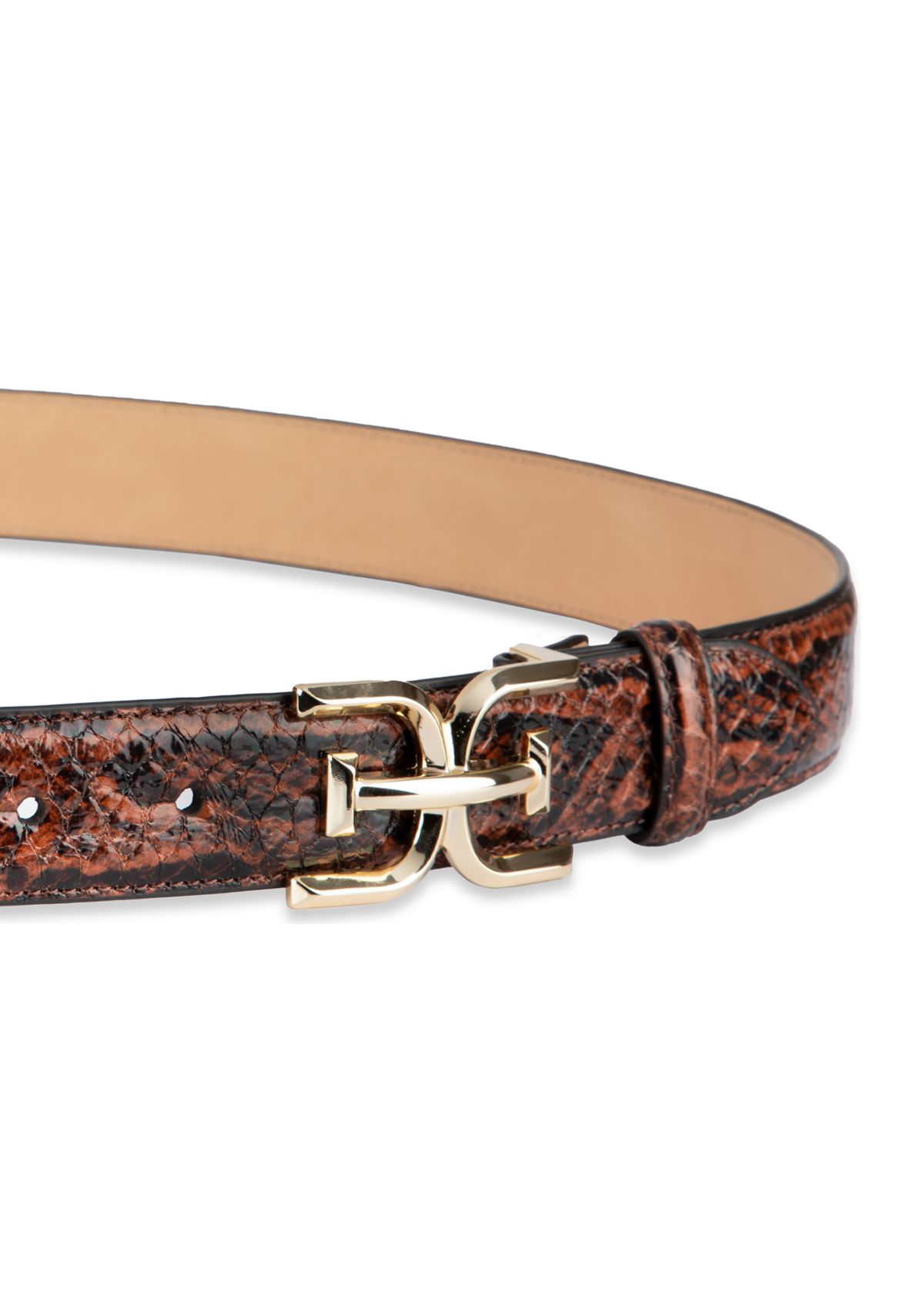 Womens Slim Textured Croc Belt with Double E Plaque Logo Buckle
