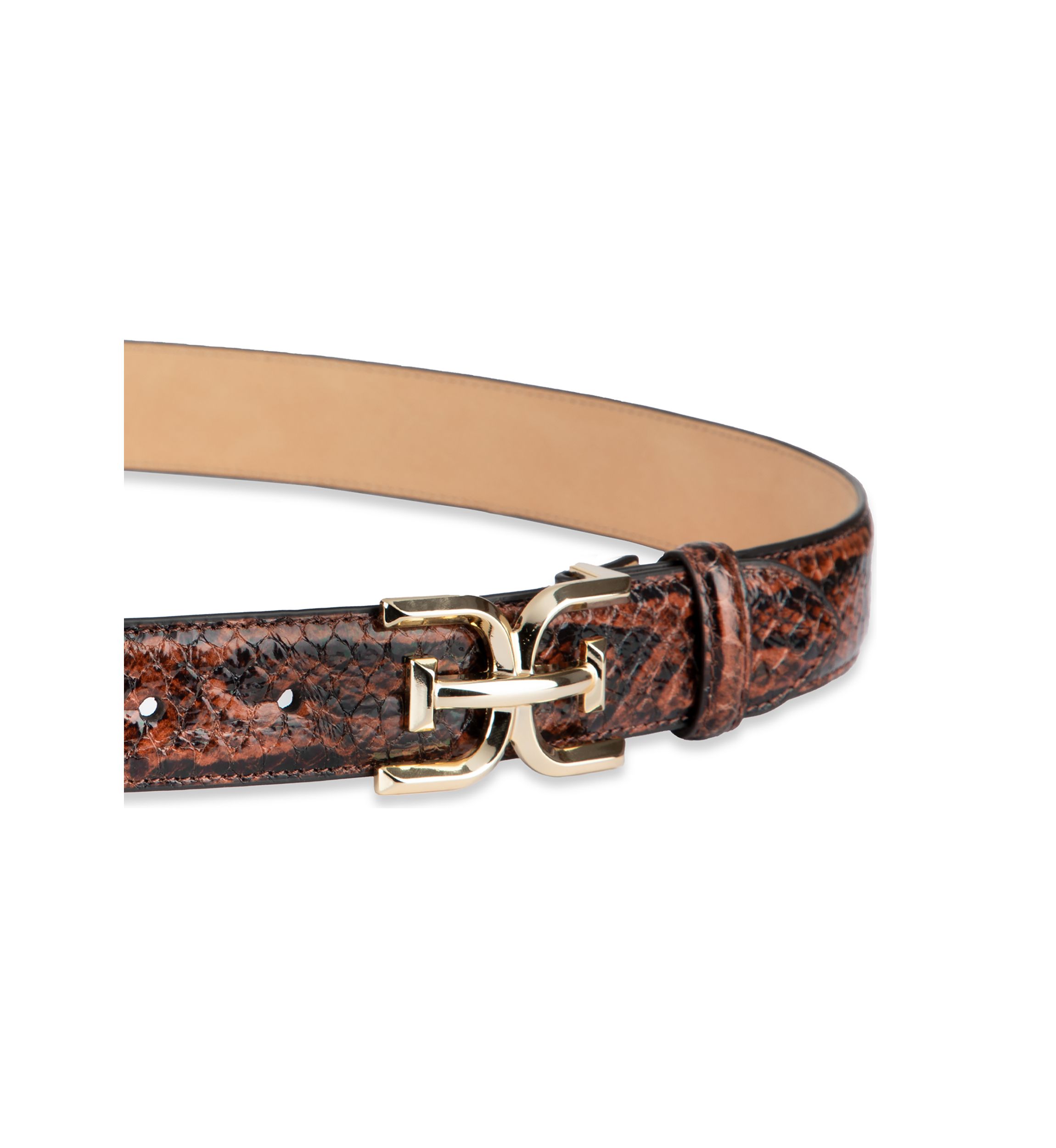 Womens Slim Textured Croc Belt with Double E Plaque Logo Buckle