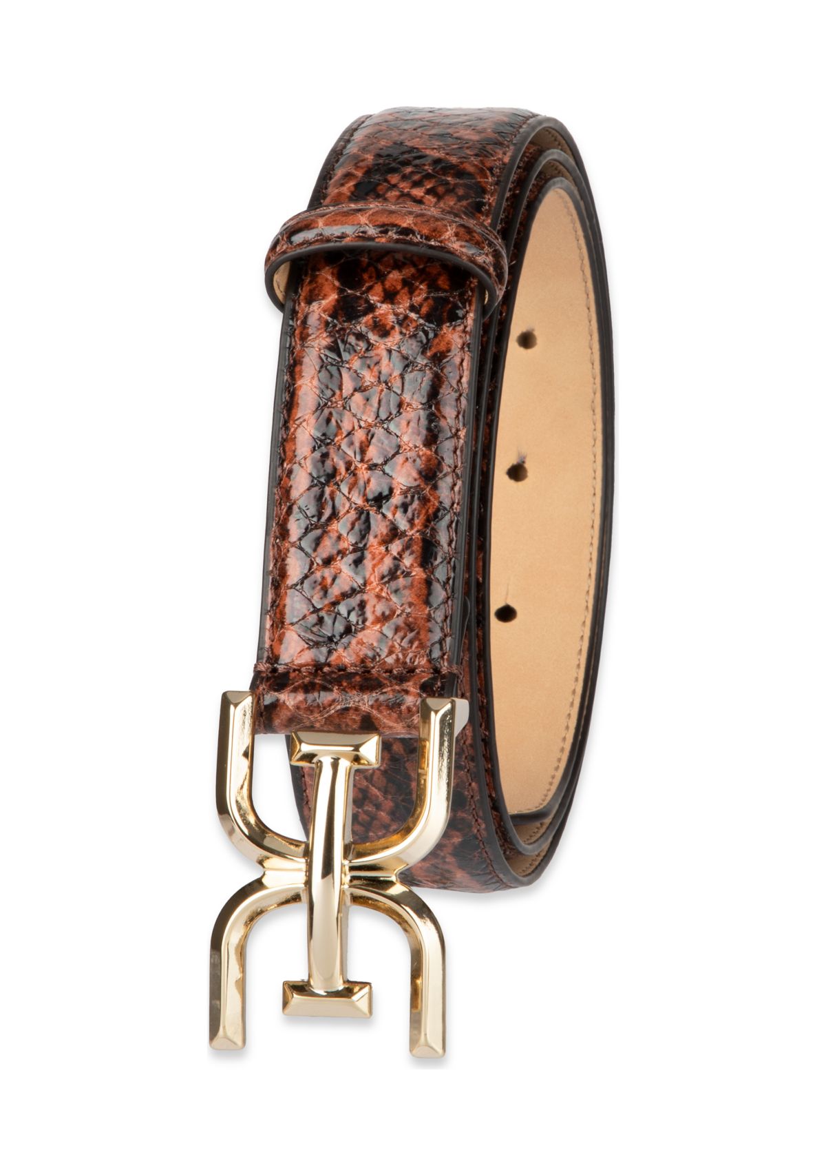 Womens Slim Textured Croc Belt with Double E Plaque Logo Buckle