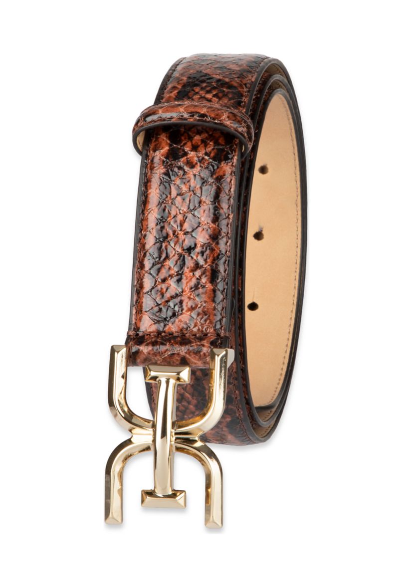 Womens Slim Textured Croc Belt with Double E Plaque Logo Buckle
