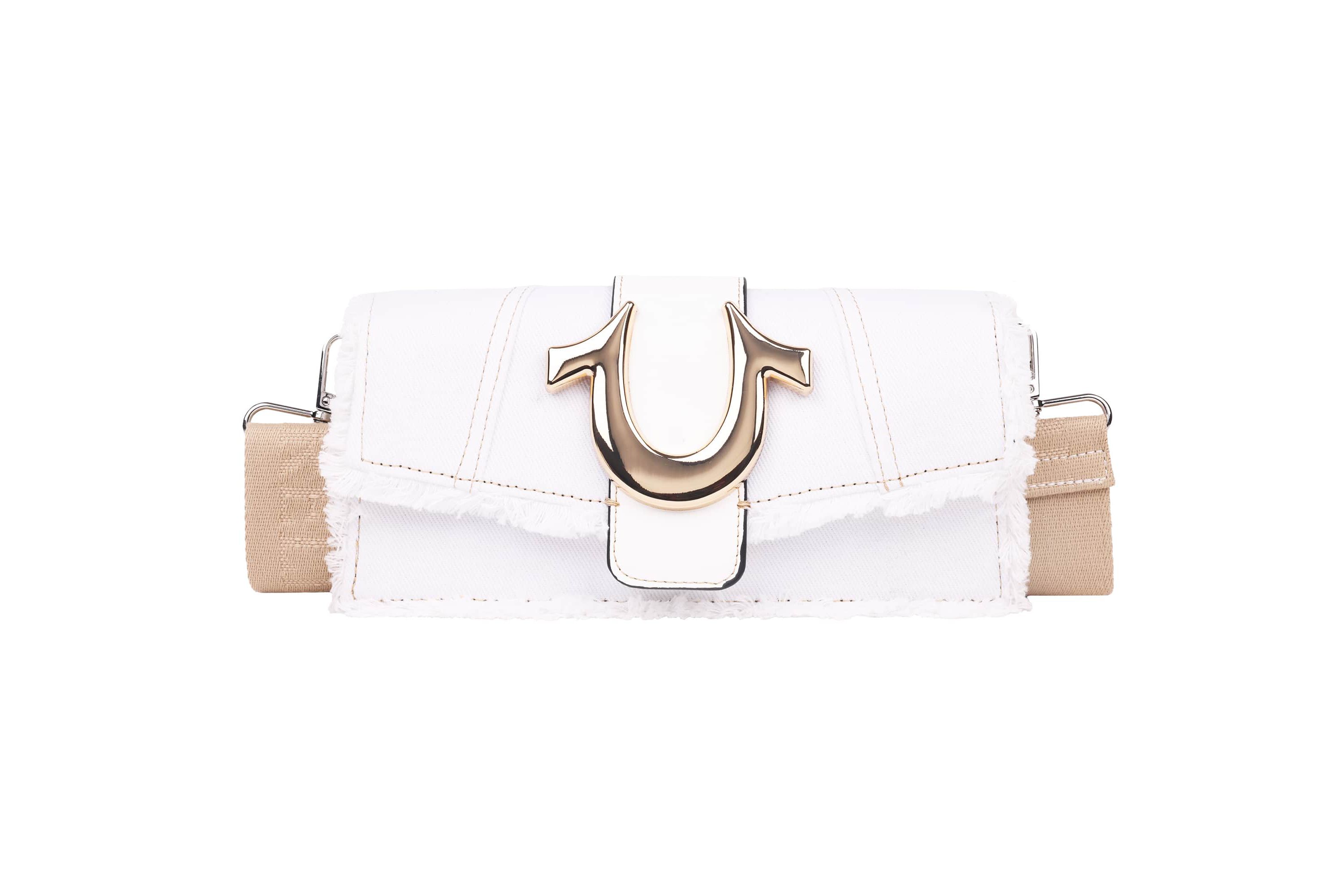 True Religion Frayed Denim Flap Bag with Logo Strap