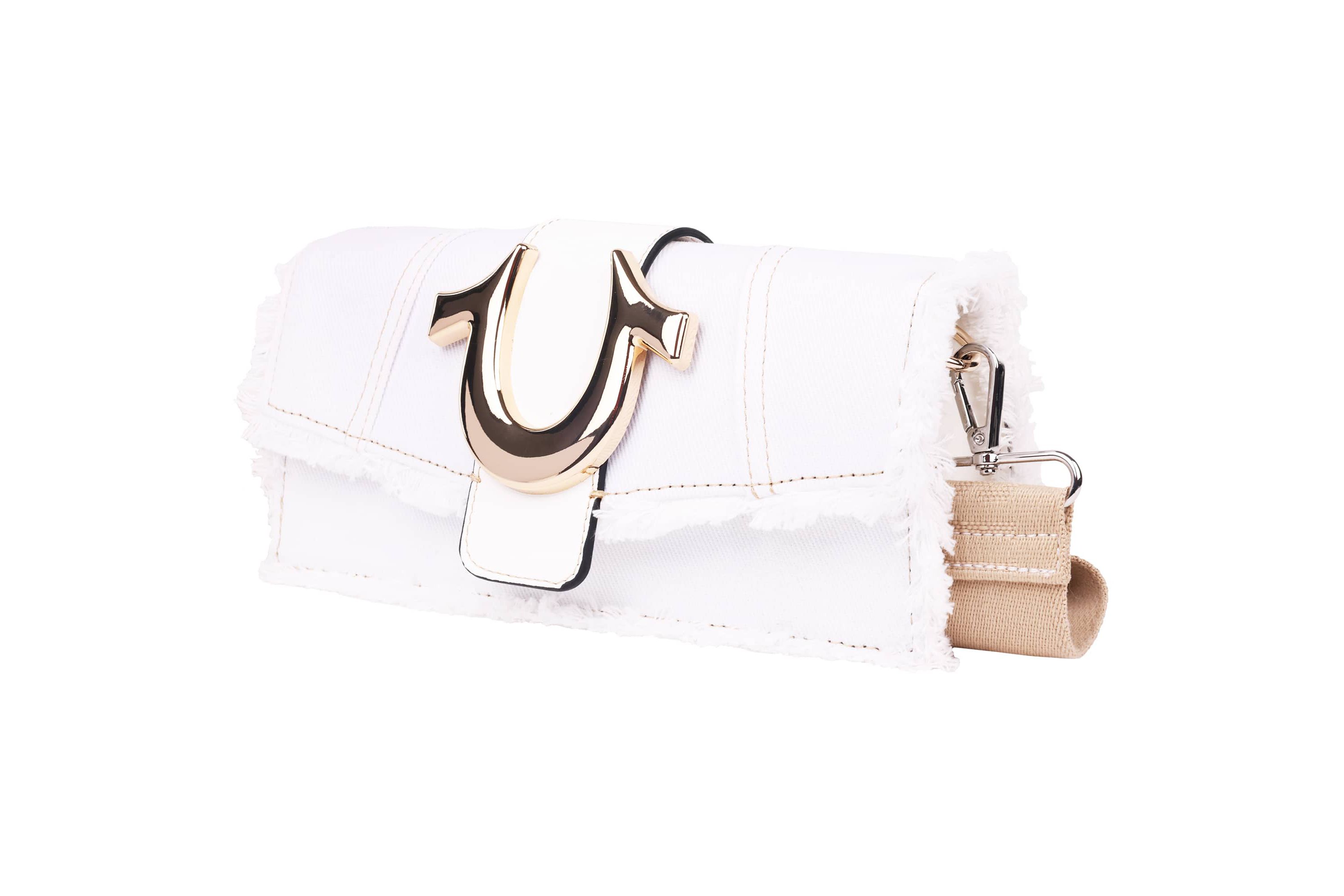 True Religion Frayed Denim Flap Bag with Logo Strap