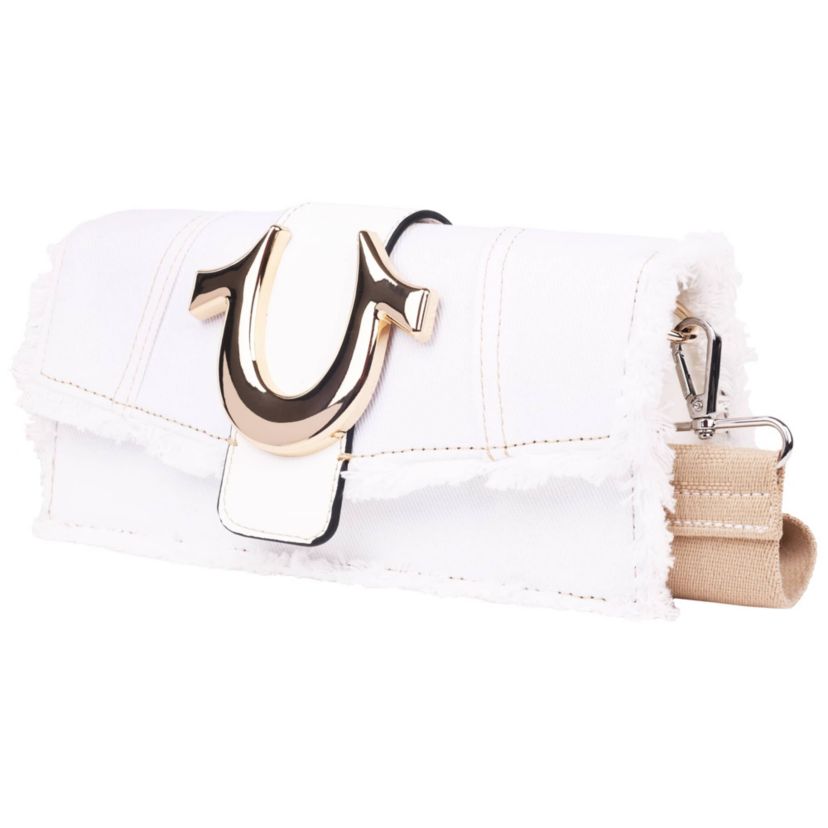 True Religion Frayed Denim Flap Bag with Logo Strap